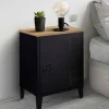 Table de chevet casier porte métal noir et plateau bois
