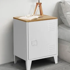 Table de chevet industrielle porte métal et plateau imitation hêtre