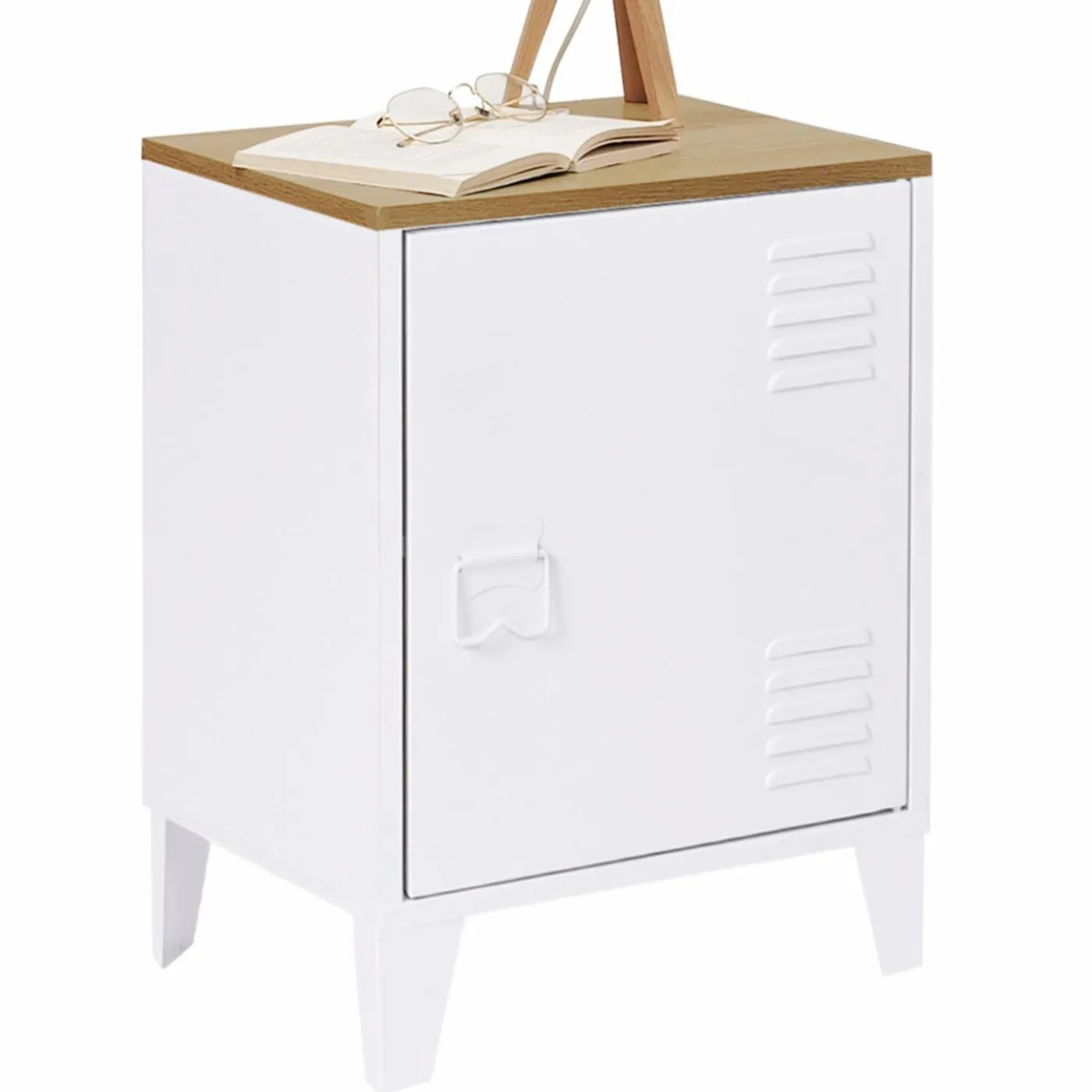 Table de chevet industrielle porte métal et plateau imitation hêtre