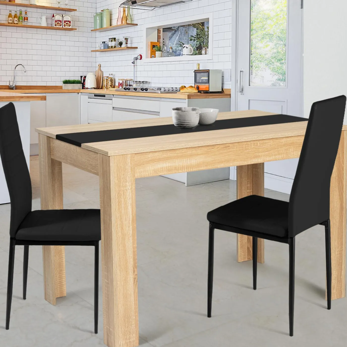Table de cuisine 4 personnes imitation hêtre et noire