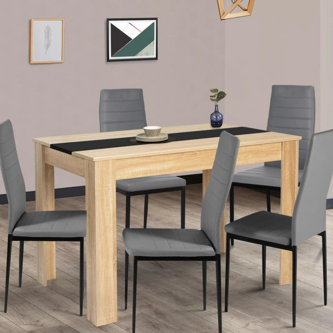 Table de cuisine 4 personnes imitation hêtre et noire