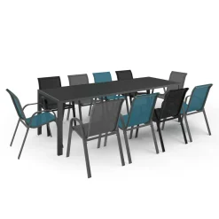 Table de jardin 240 cm 10 personnes et chaises empilables bleues, grises et noires