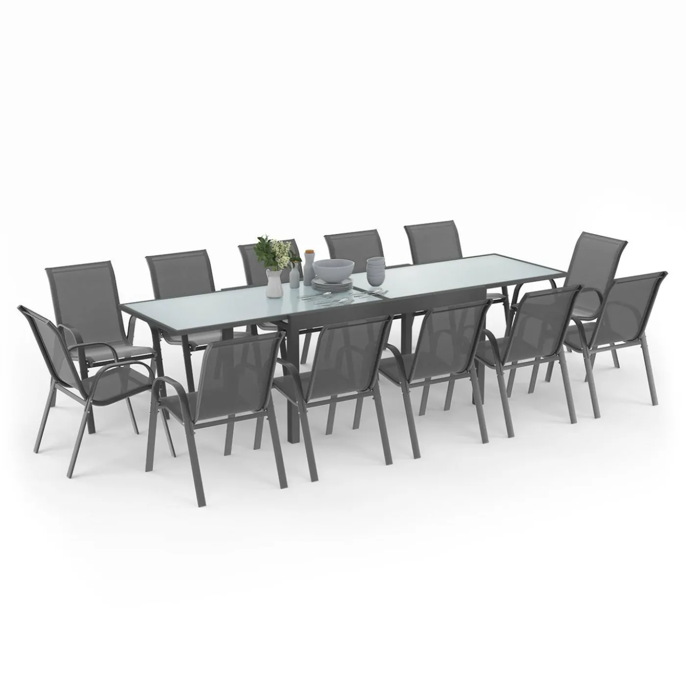 Table de jardin extensible 12 places grise avec chaises