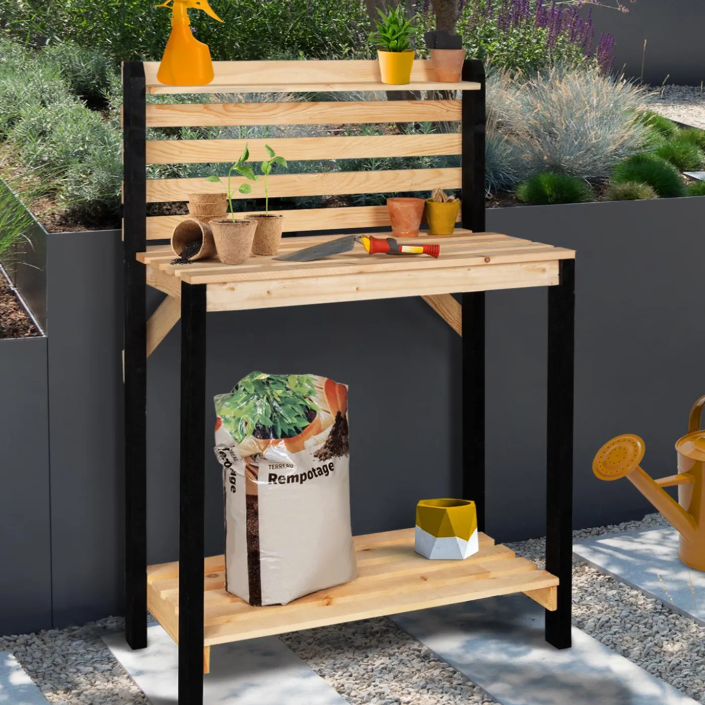 Table de plantation rempotage et préparation en bois naturel et noir