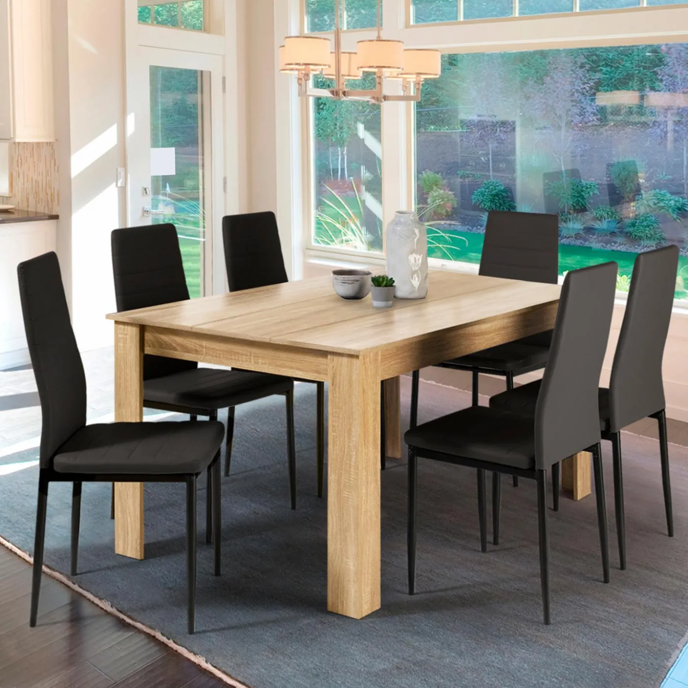 Table de salle à manger en bois imitation hêtre 6 personnes