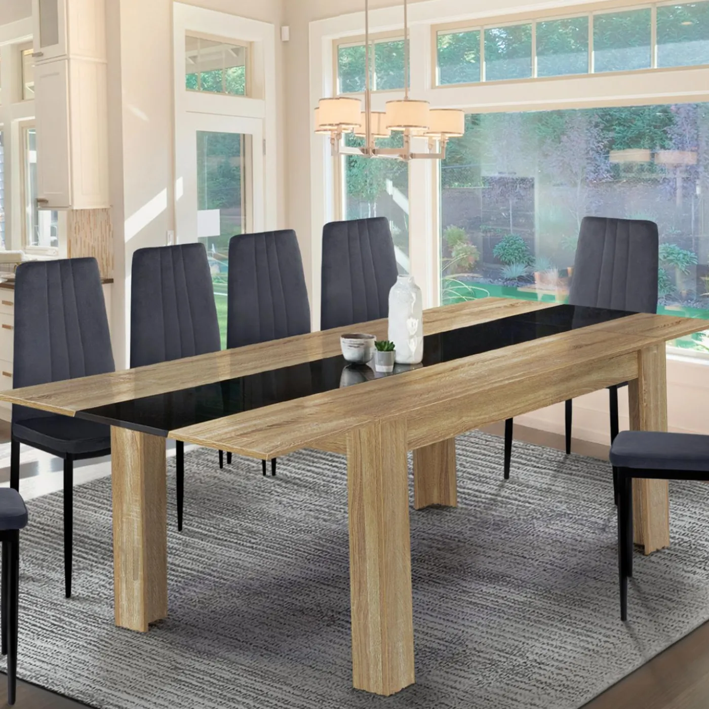 Table de salle à manger extensible en bois imitation hêtre et noire 6-10 personnes