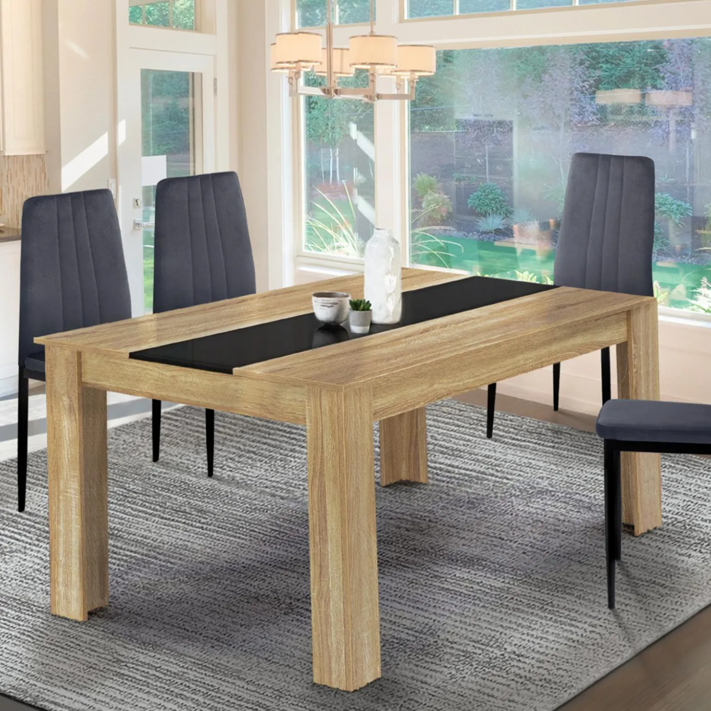 Table de salle à manger extensible en bois imitation hêtre et noire 6-10 personnes