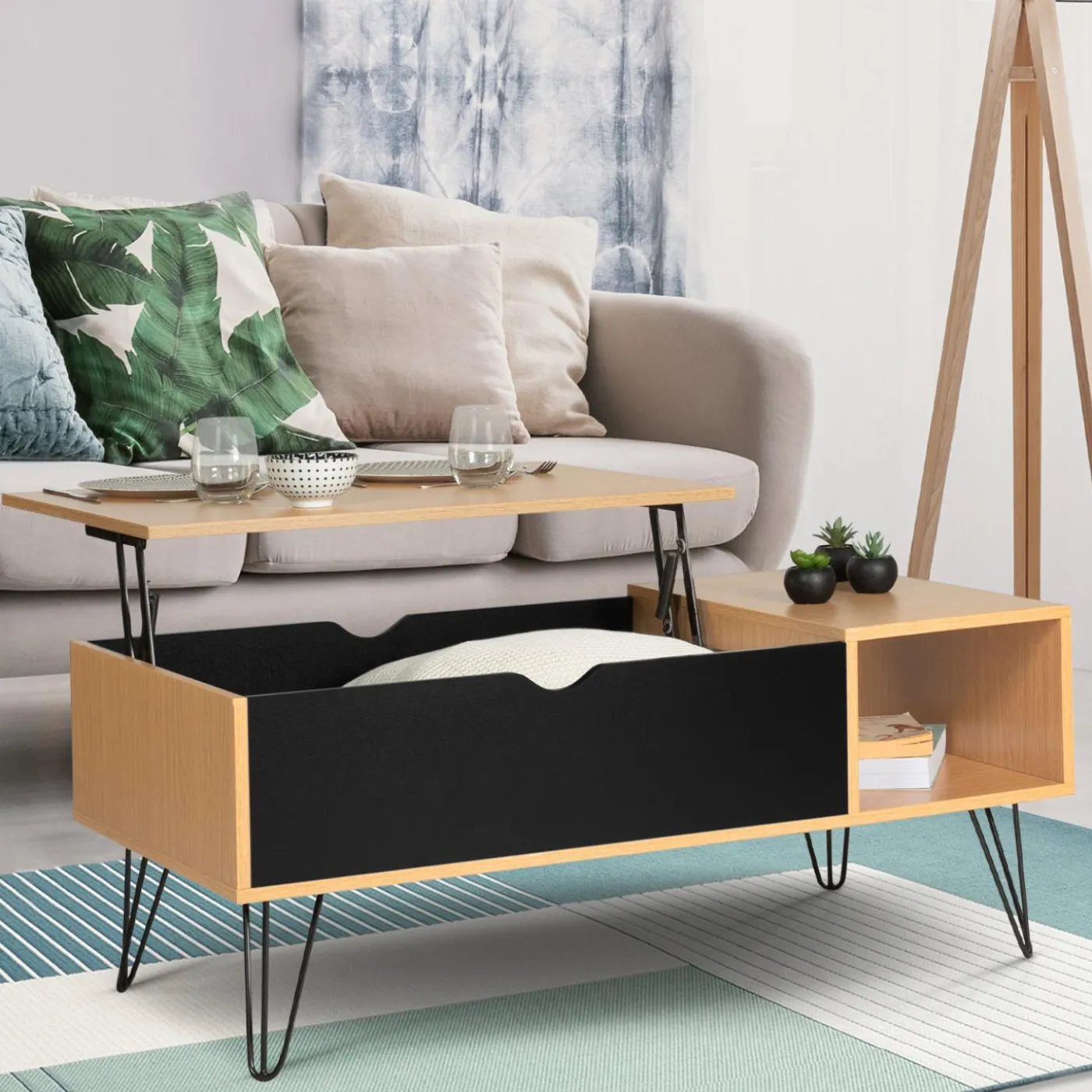 Table de salon avec plateau relevable en bois et métal