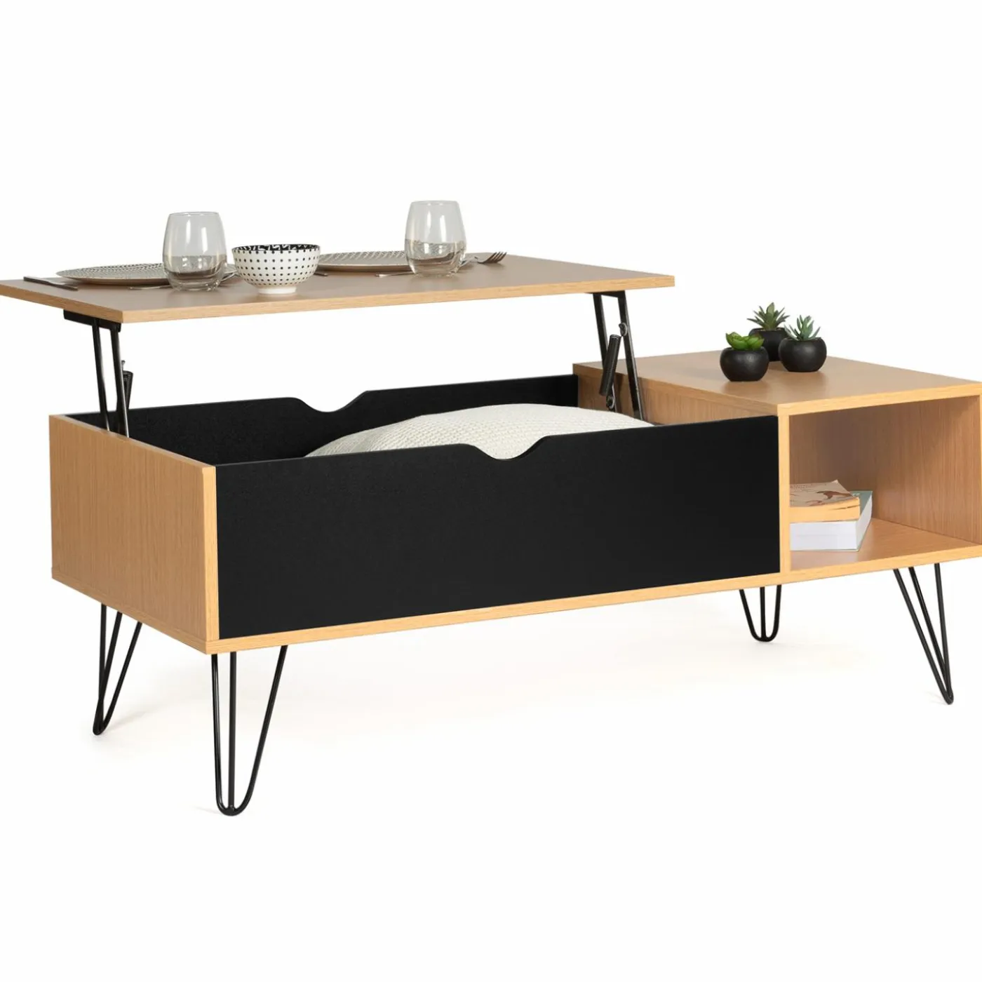 Table de salon avec plateau relevable en bois et métal