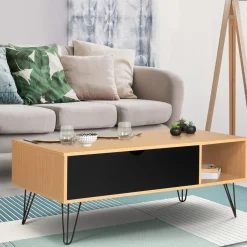 Table de salon avec plateau relevable en bois et métal