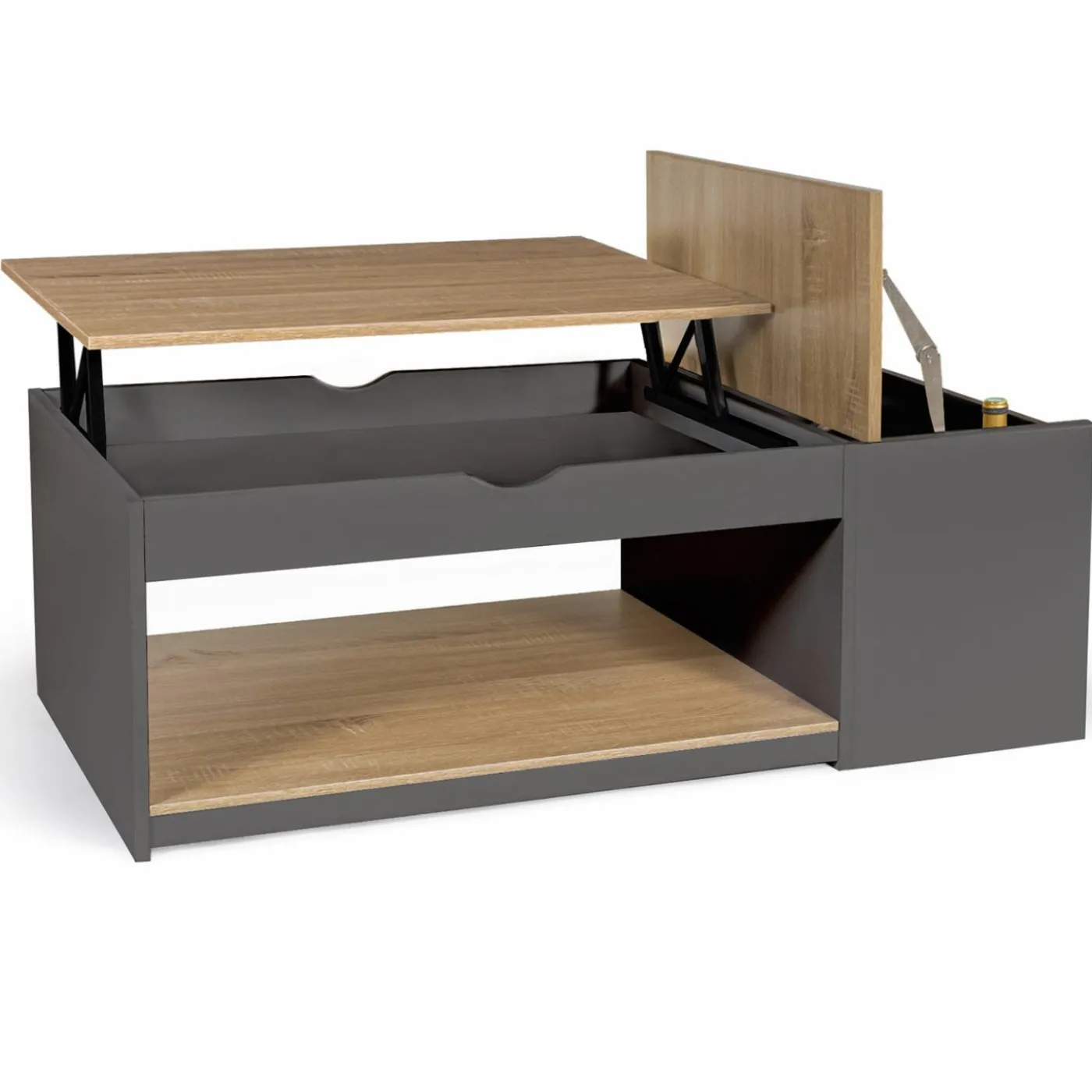 Table de salon avec plateau relevable et coffre bois gris et plateau façon hêtre