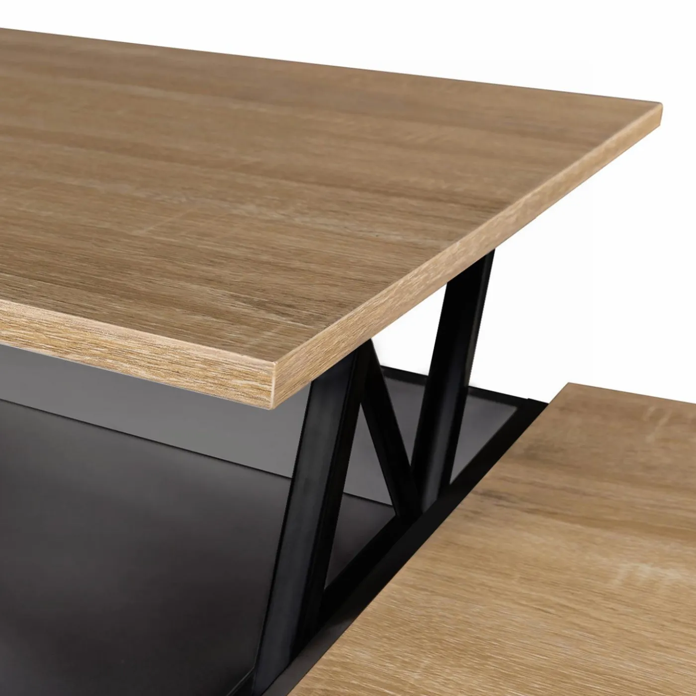 Table de salon avec plateau relevable et coffre bois gris et plateau façon hêtre