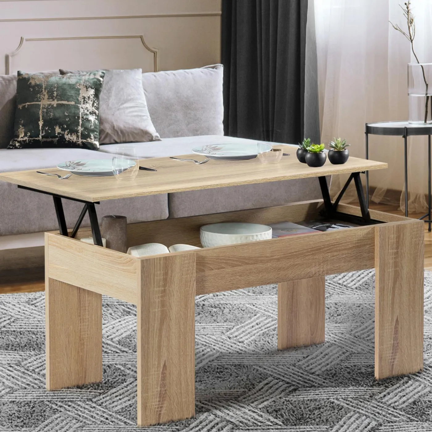 Table de salon avec plateau relevable bois imitation hêtre