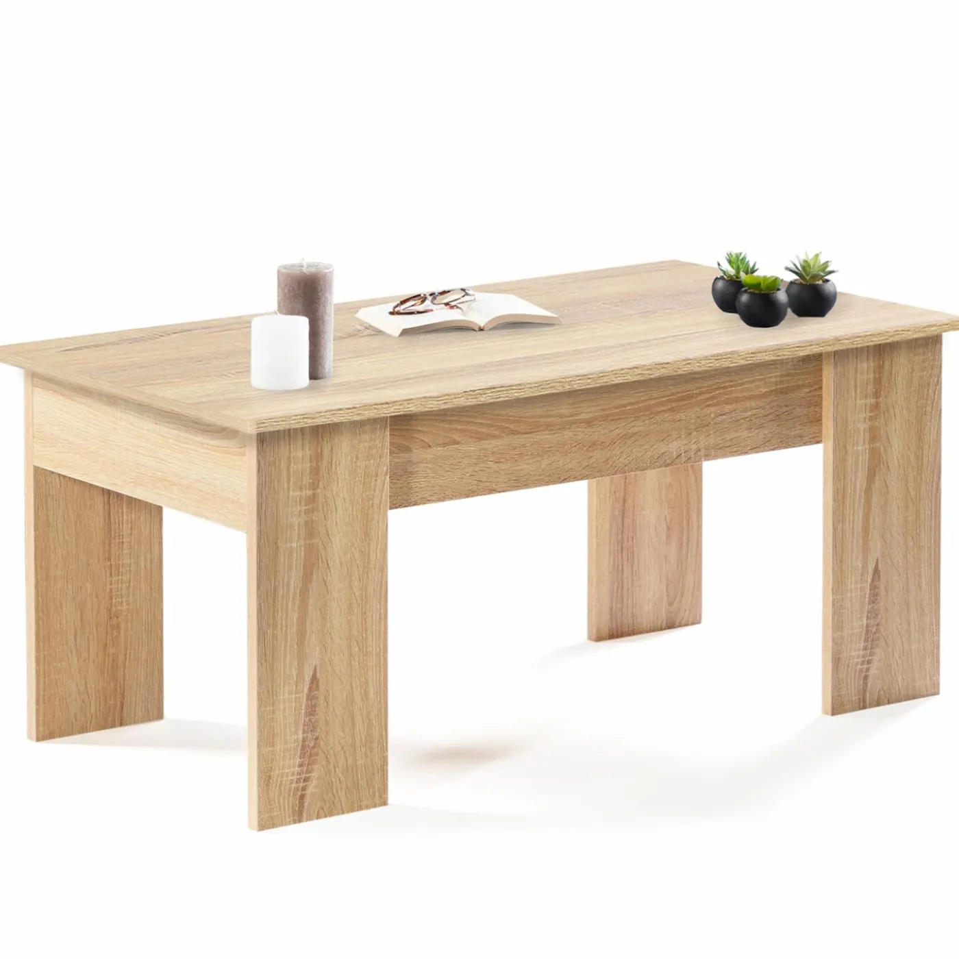 Table de salon avec plateau relevable bois imitation hêtre
