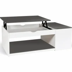 Table de salon avec plateau relevable et coffre bois blanc et plateau gris