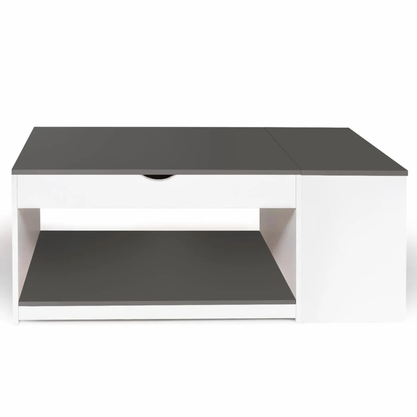 Table de salon avec plateau relevable et coffre bois blanc et plateau gris