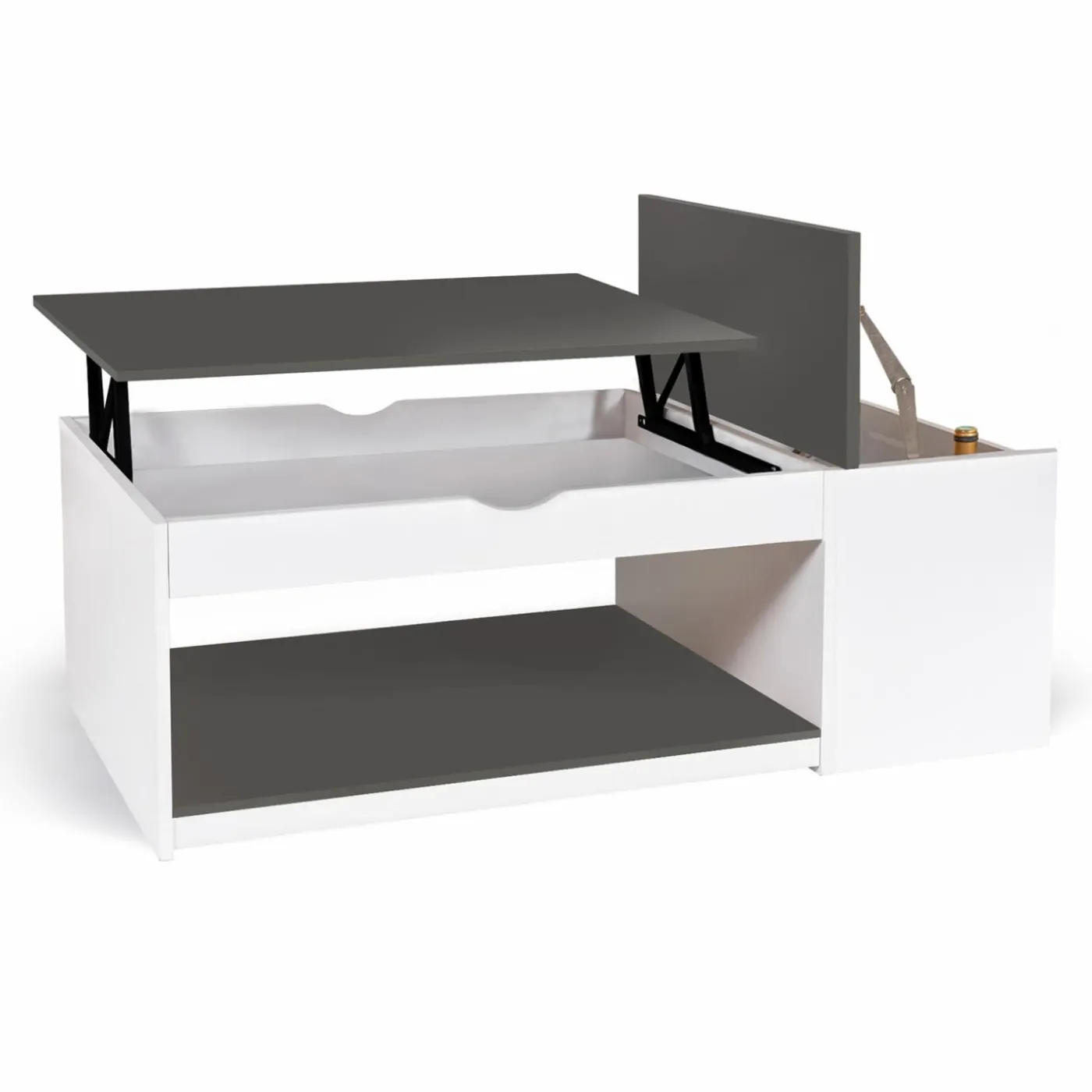 Table de salon avec plateau relevable et coffre bois blanc et plateau gris