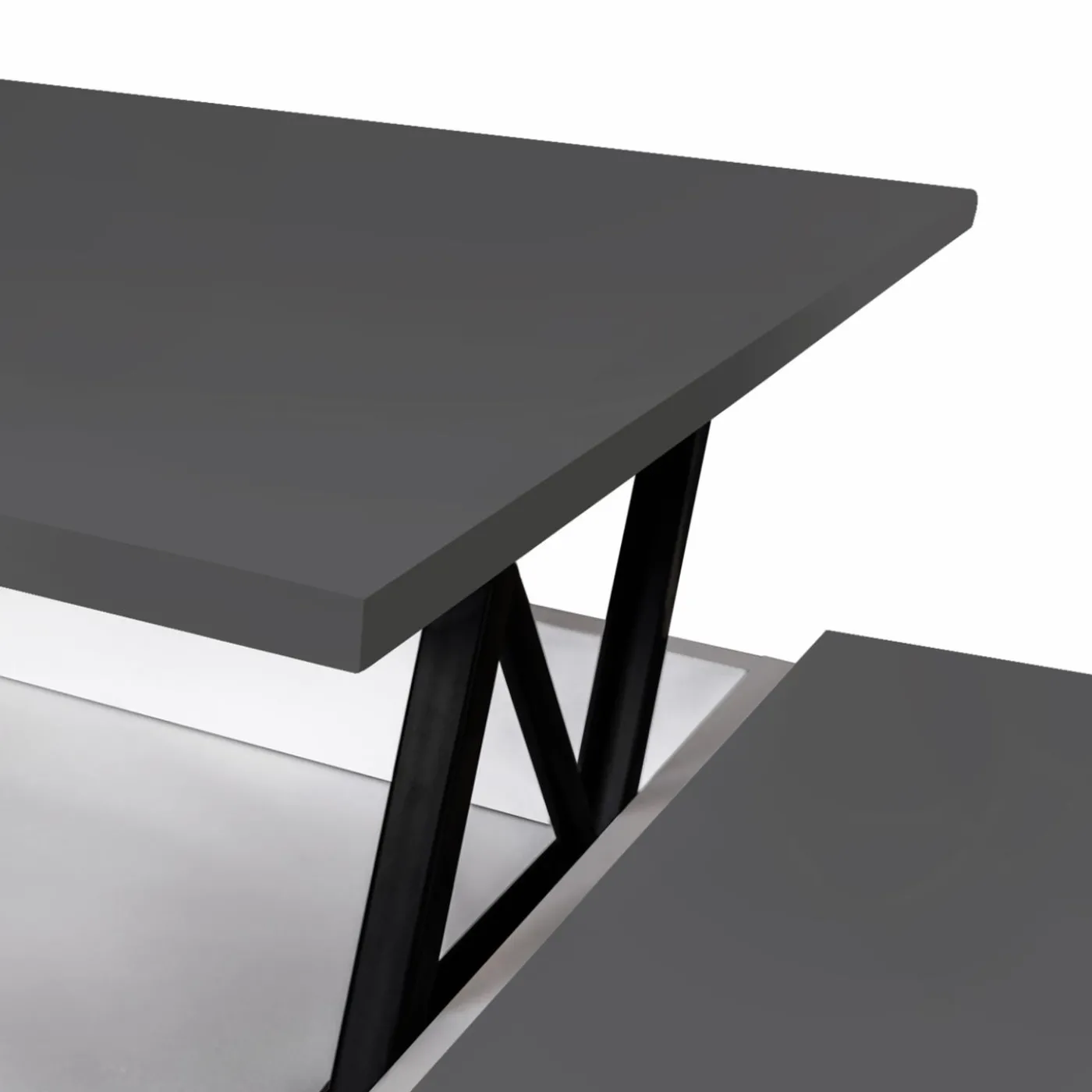 Table de salon avec plateau relevable et coffre bois blanc et plateau gris