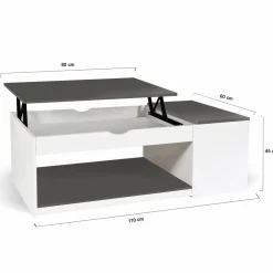 Table de salon avec plateau relevable et coffre bois blanc et plateau gris