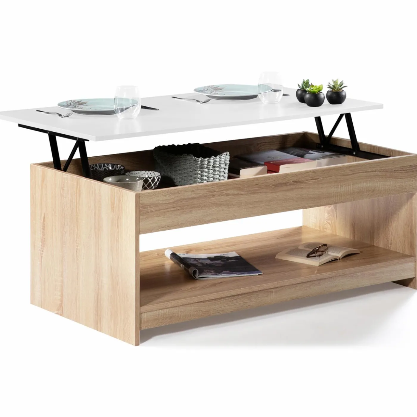 Table de salon avec plateau relevable imitation hêtre plateau blanc