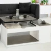 Table de salon avec plateau relevable effet béton et bois blanc