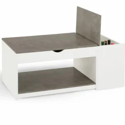 Table de salon avec plateau relevable effet béton et bois blanc