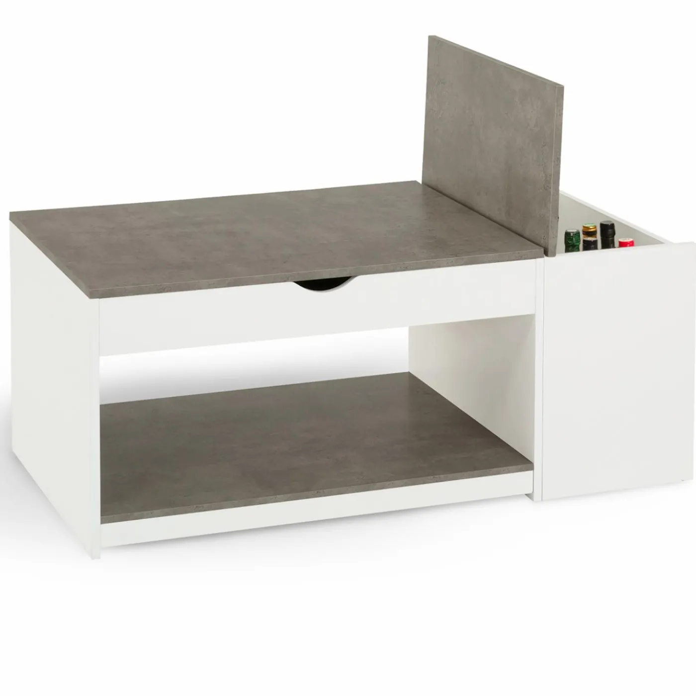 Table de salon avec plateau relevable effet béton et bois blanc