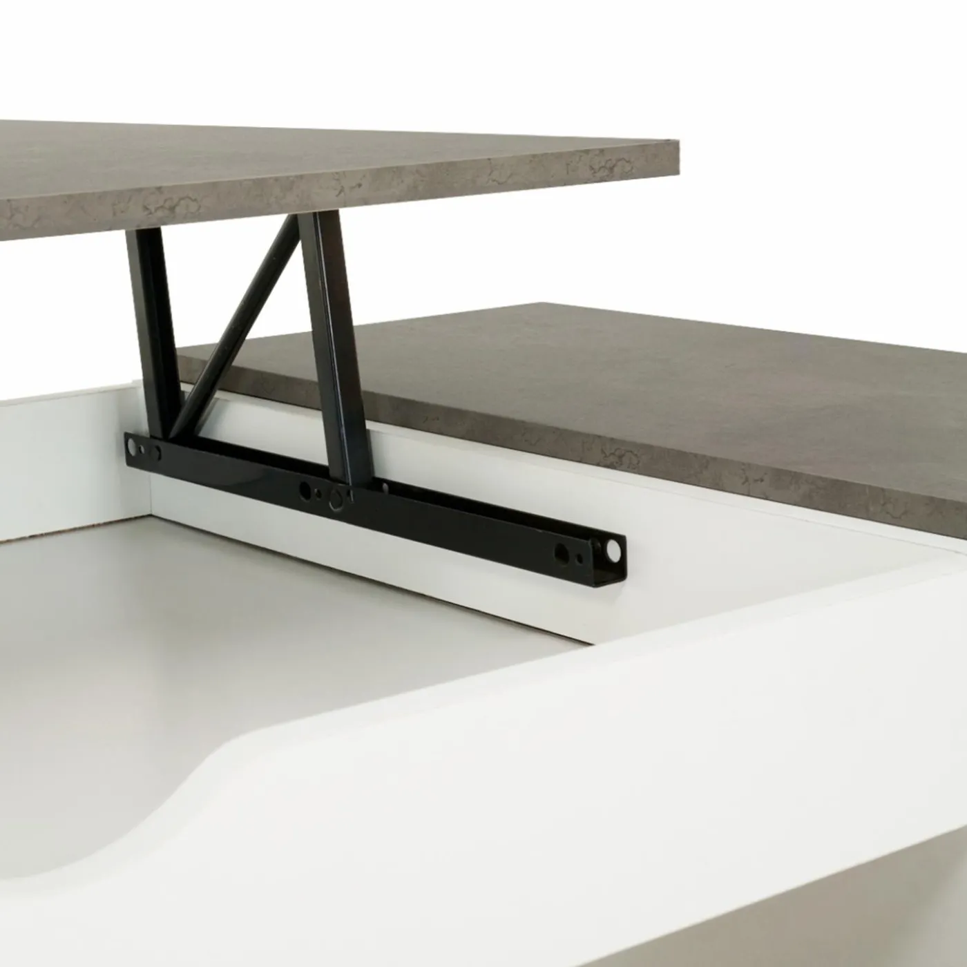 Table de salon avec plateau relevable effet béton et bois blanc