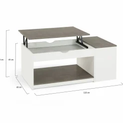 Table de salon avec plateau relevable effet béton et bois blanc