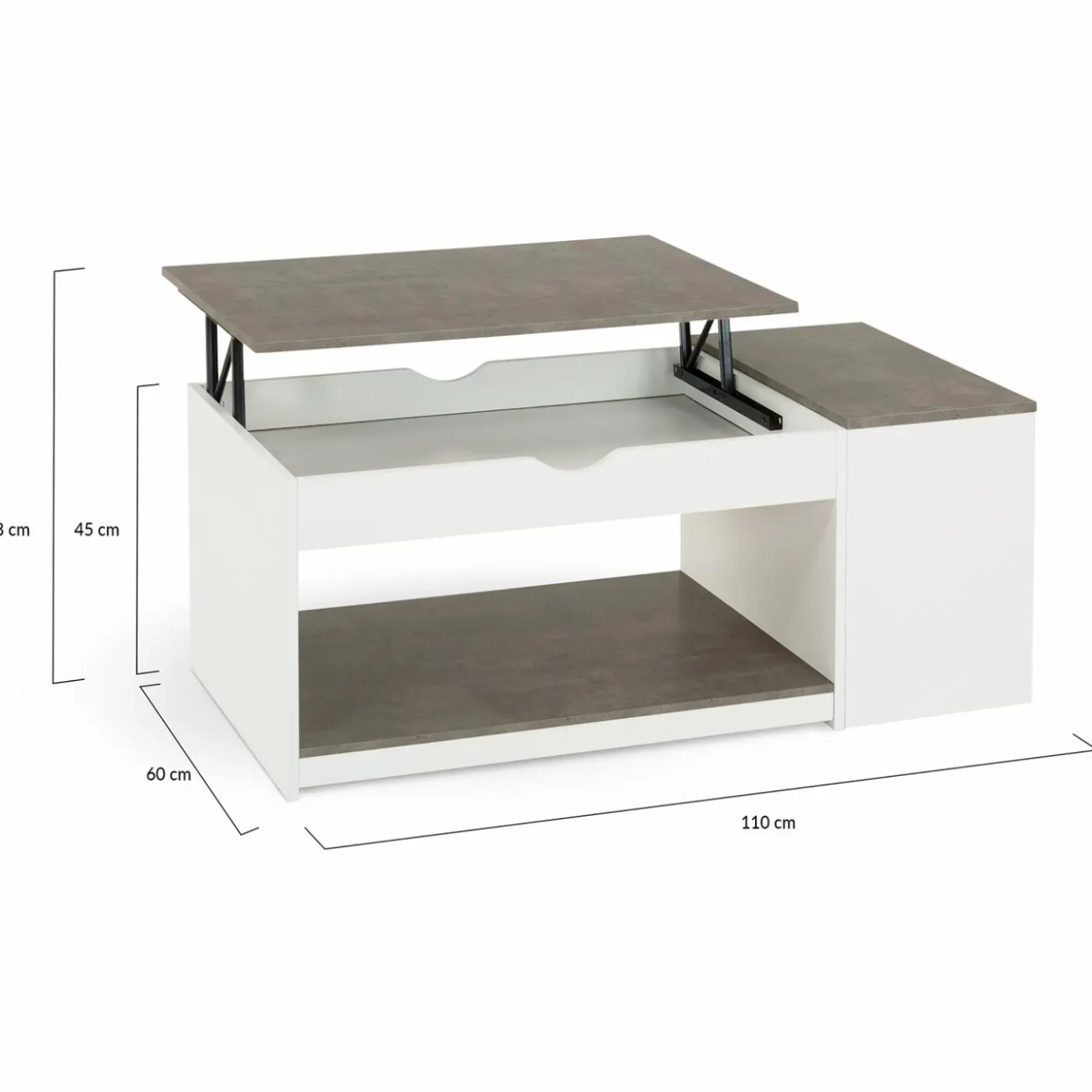 Table de salon avec plateau relevable effet béton et bois blanc
