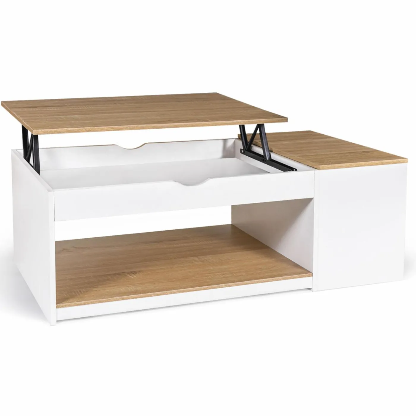 Table de salon avec plateau relevable bois blanc et façon hêtre