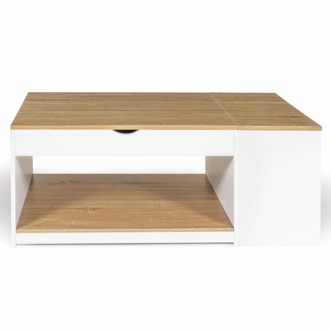 Table de salon avec plateau relevable bois blanc et façon hêtre