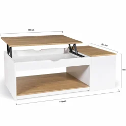 Table de salon avec plateau relevable bois blanc et façon hêtre