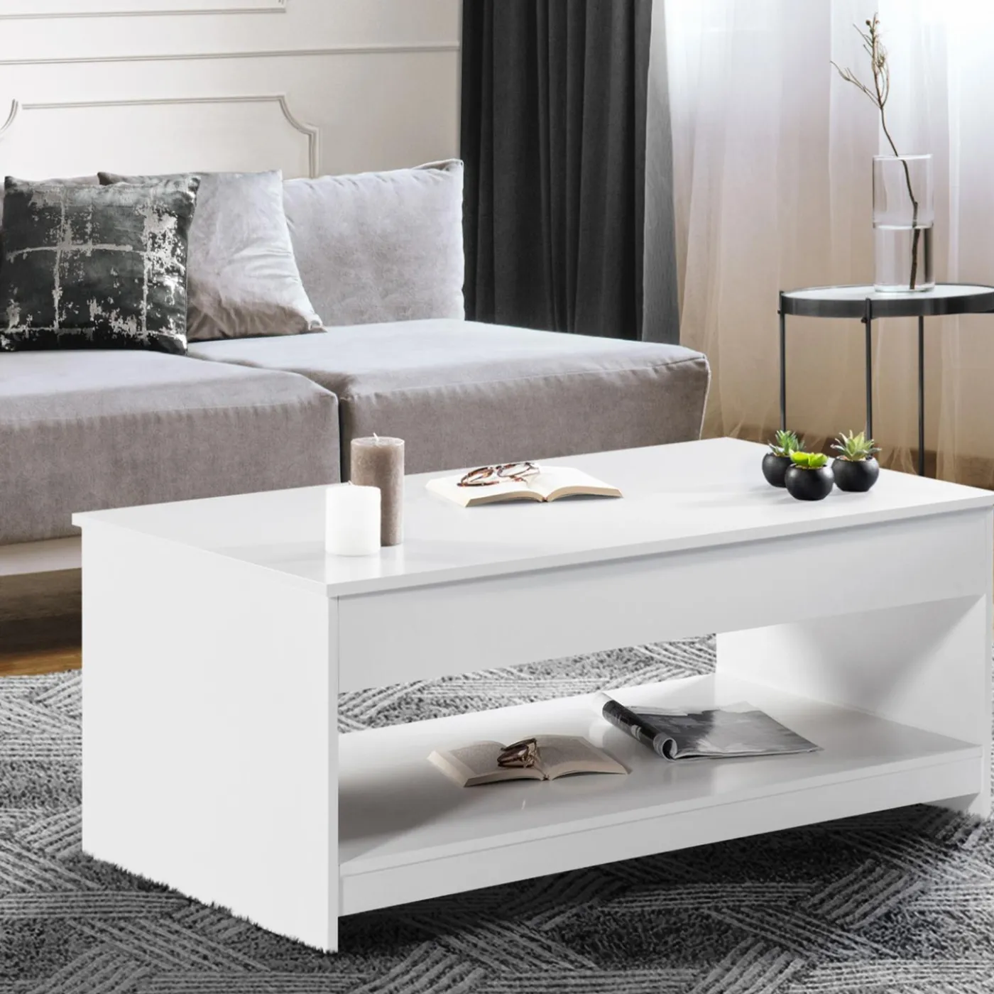 Table de salon blanche avec plateau relevable