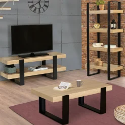 Table de salon style industriel bois et noir