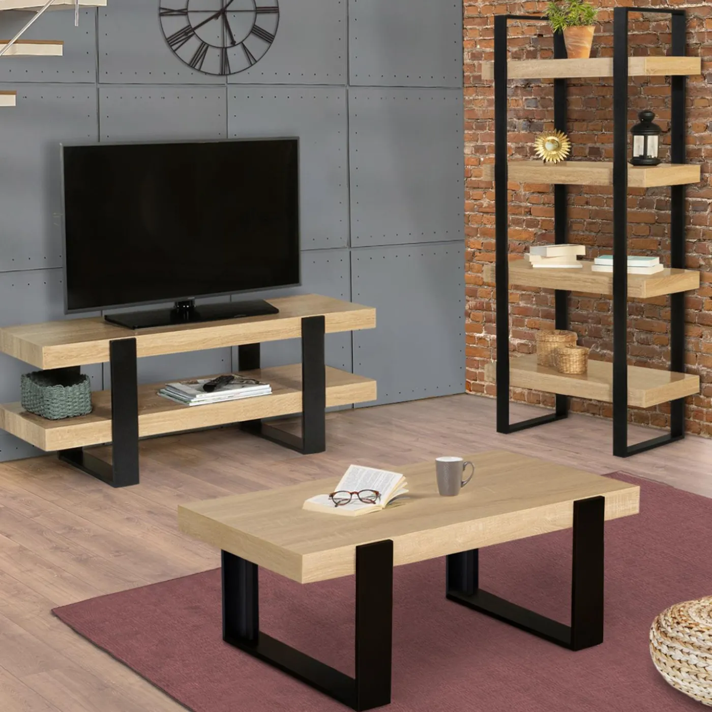 Table de salon style industriel bois et noir