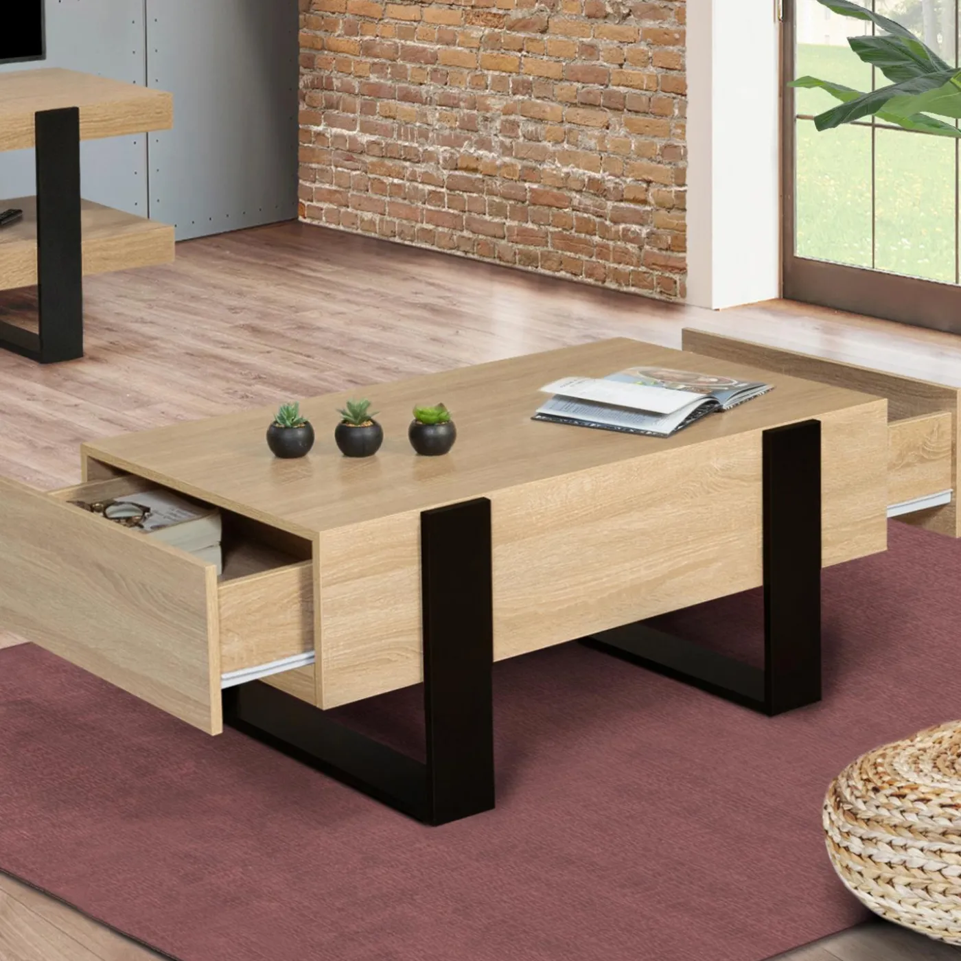 Table de salon style industriel avec tiroirs