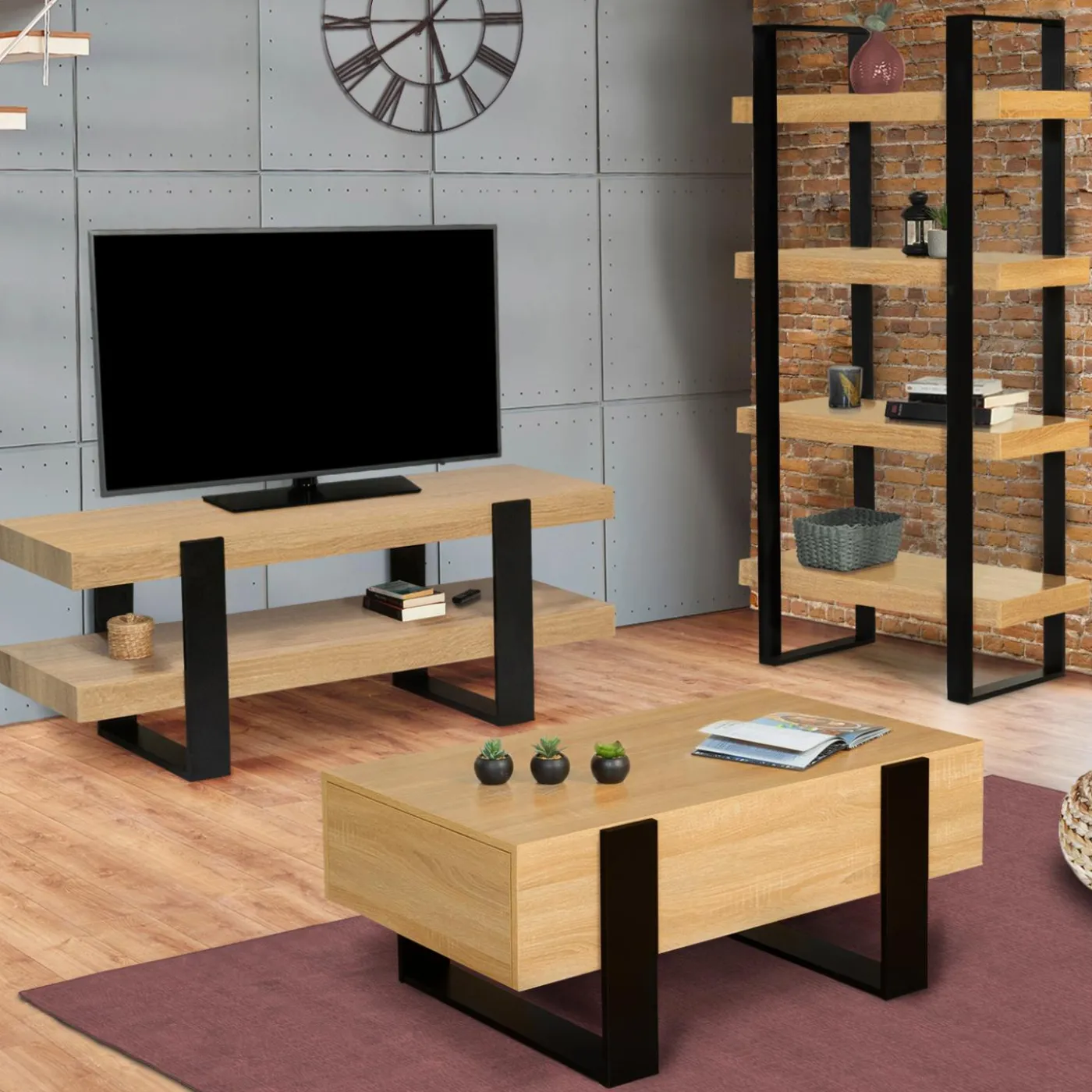 Table de salon style industriel avec tiroirs