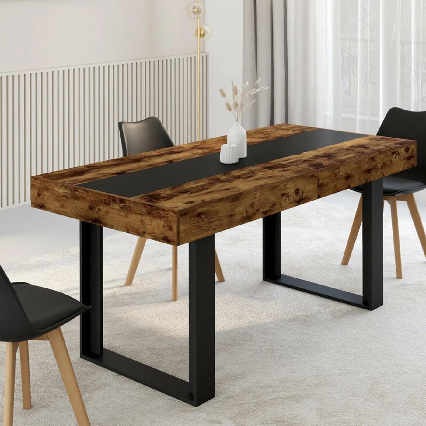 Table extensible 6 à 10 personnes bois effet vieilli et noir