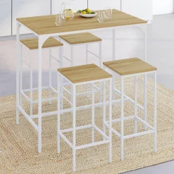 Table haute avec 4 tabourets métal blanc et bois style industriel