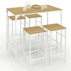 Table haute avec 4 tabourets métal blanc et bois style industriel