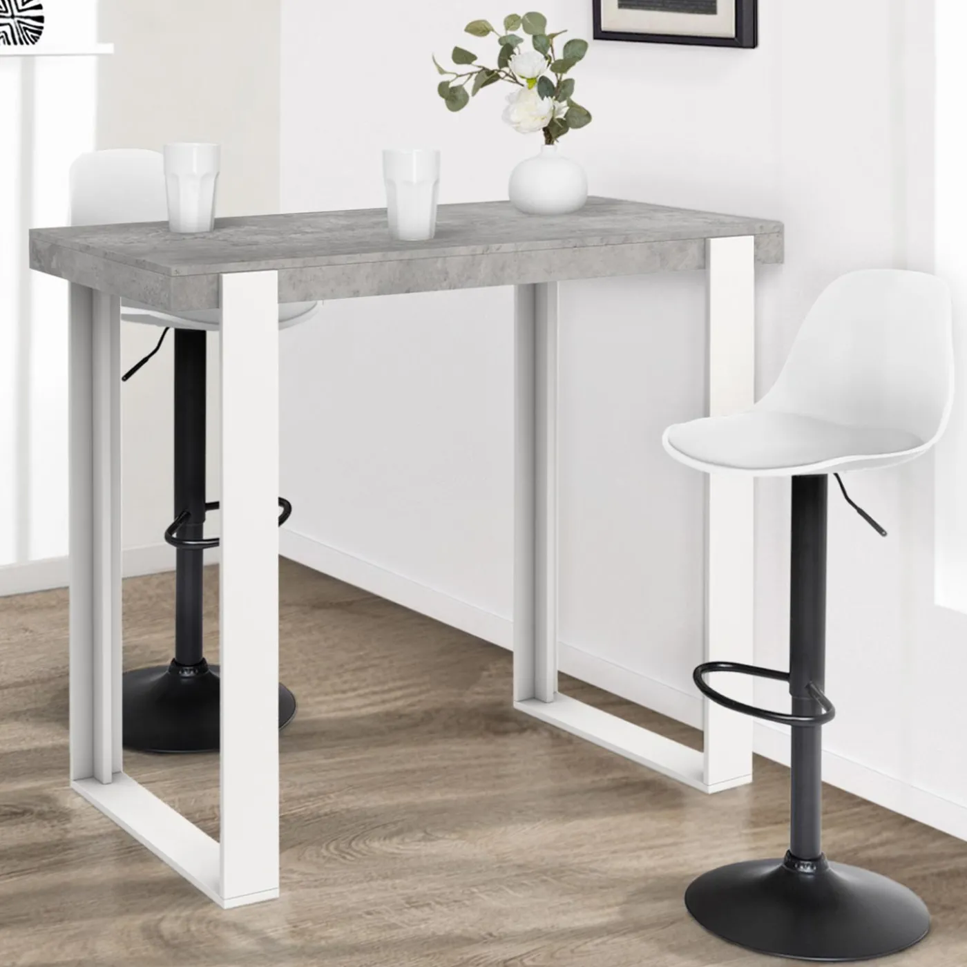 Table haute de bar effet béton et blanc 113 cm