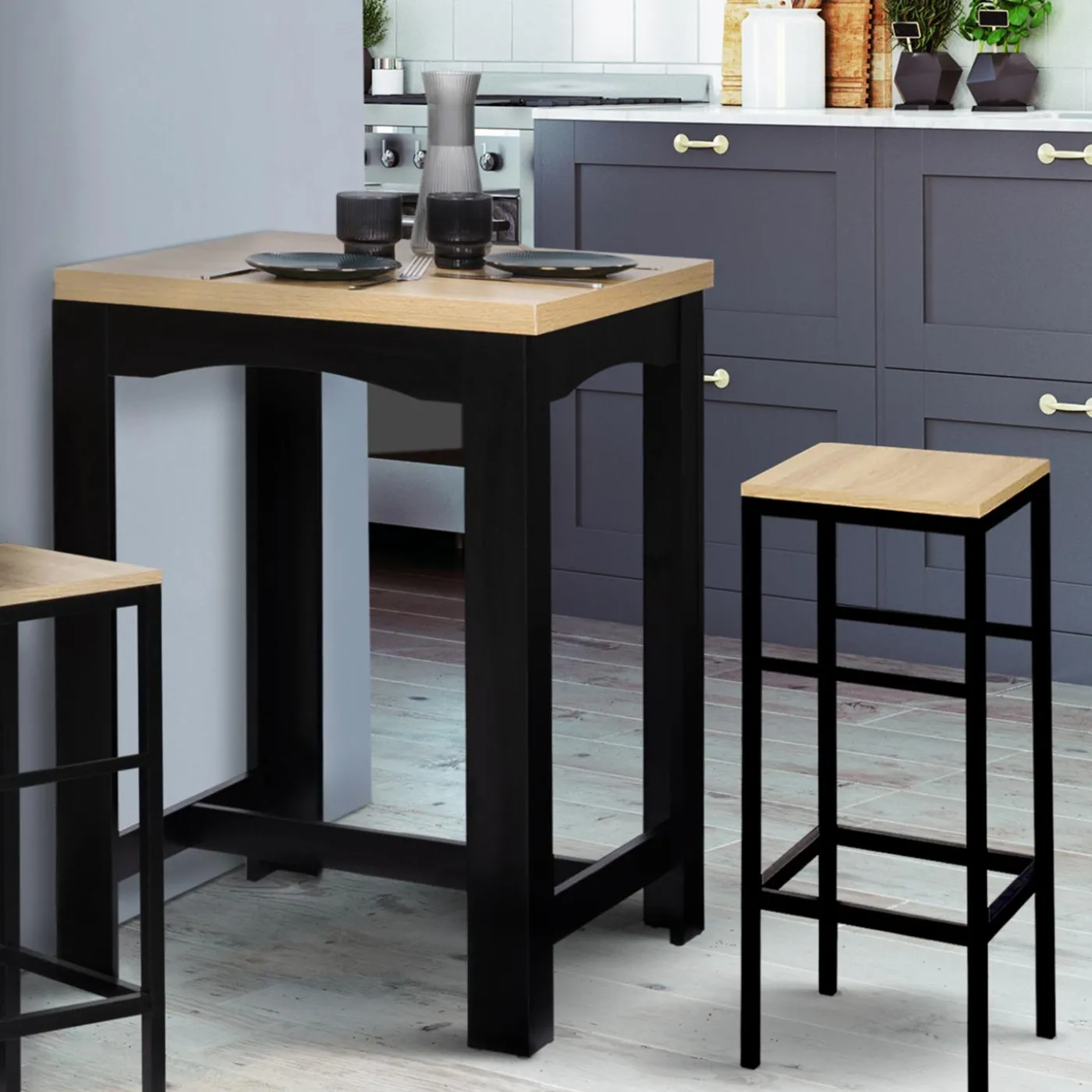 Table haute mange-debout extensible noire et bois