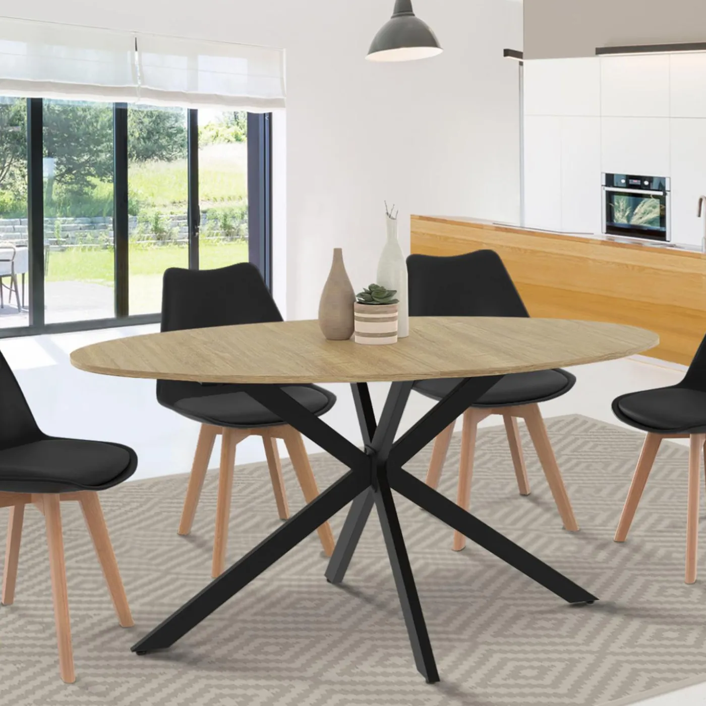 Table industrielle 8 personnes ovale bois et pied araignée noir 150 cm