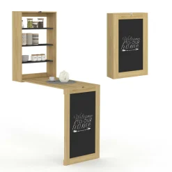 Table murale pliable MACCHIA avec étagères et tableau craie 2 personnes bois et noir