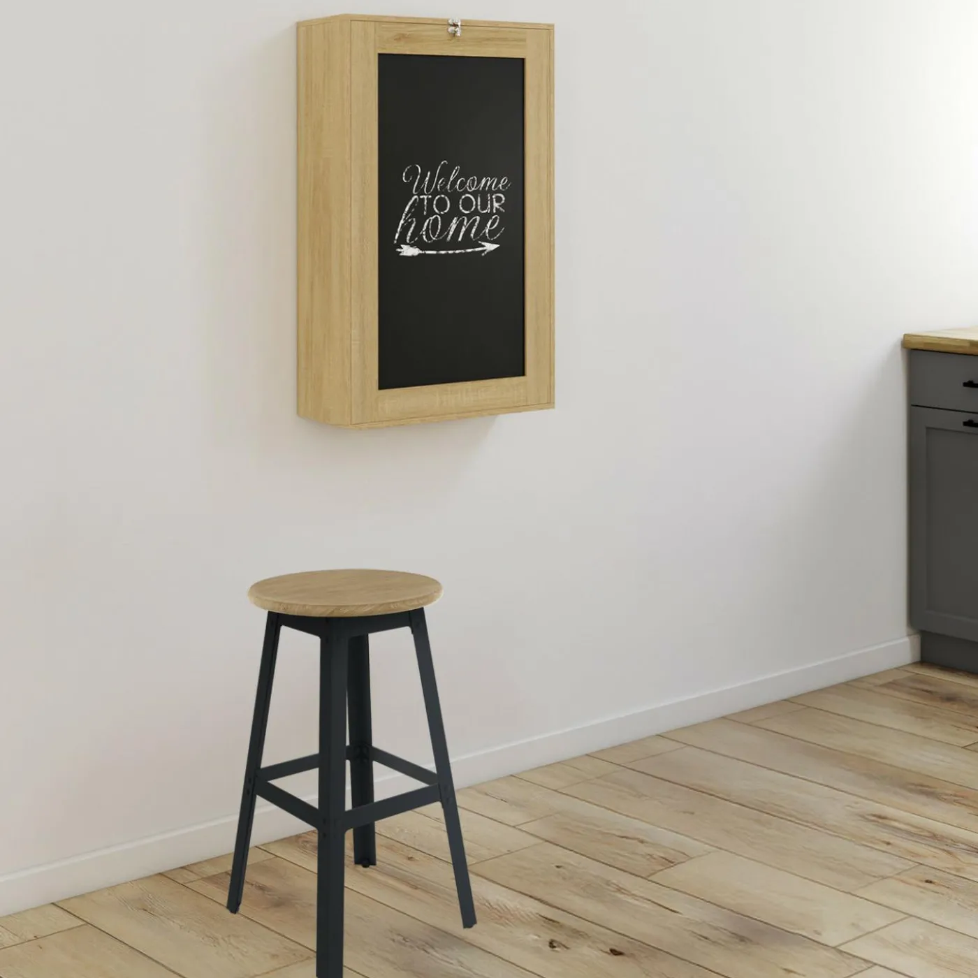 Table murale pliable MACCHIA avec étagères et tableau craie 2 personnes bois et noir