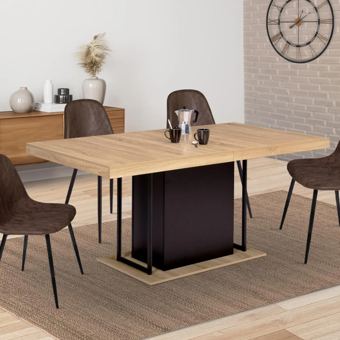 Table pied central extensible noir et bois façon hêtre