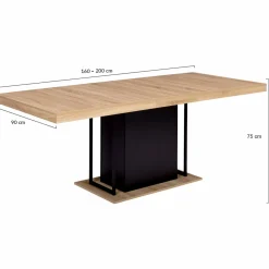 Table pied central extensible noir et bois façon hêtre
