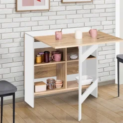 Table pliante blanche plateau bois avec double rangement central