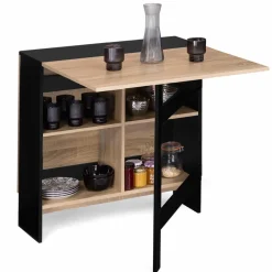 Table pliante noire plateau bois avec double rangement central